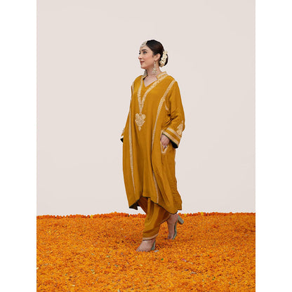 Daljit Sudan Mustard Crepe Tilla Kurta with Pant (Set of 2)