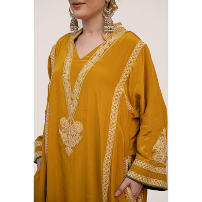 Daljit Sudan Mustard Crepe Tilla Kurta with Pant (Set of 2)