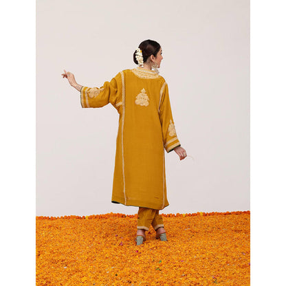 Daljit Sudan Mustard Crepe Tilla Kurta with Pant (Set of 2)