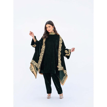 Daljit Sudan Dark Green Velvet Cape with Kurta and Pant (Set of 3)