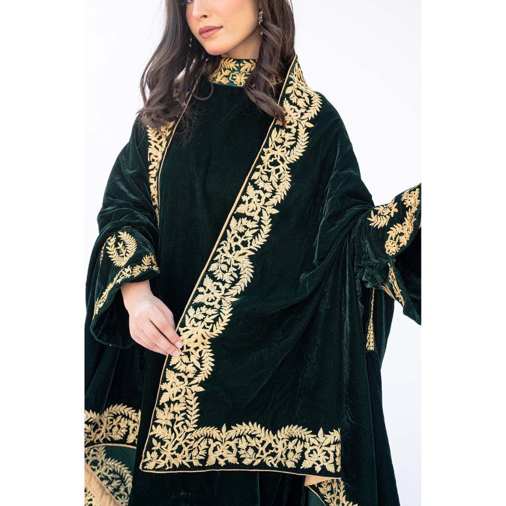 Daljit Sudan Dark Green Velvet Cape with Kurta and Pant (Set of 3)