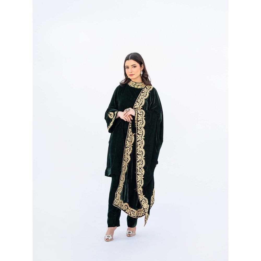 Daljit Sudan Dark Green Velvet Cape with Kurta and Pant (Set of 3)