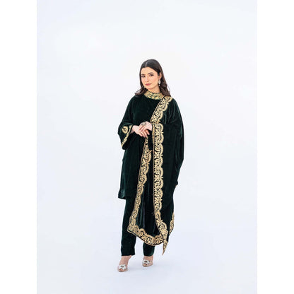 Daljit Sudan Dark Green Velvet Cape with Kurta and Pant (Set of 3)