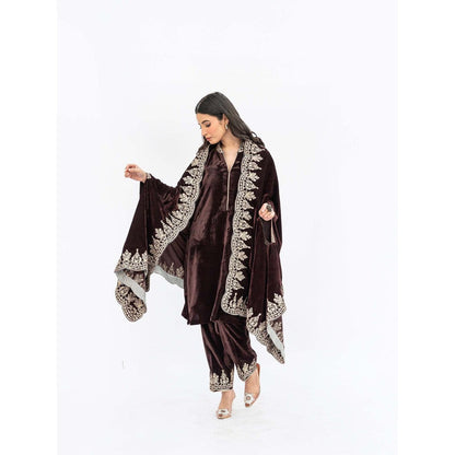 Daljit Sudan Brown Velvet Cutwork Cape with Kurta and Dupatta (Set of 3)