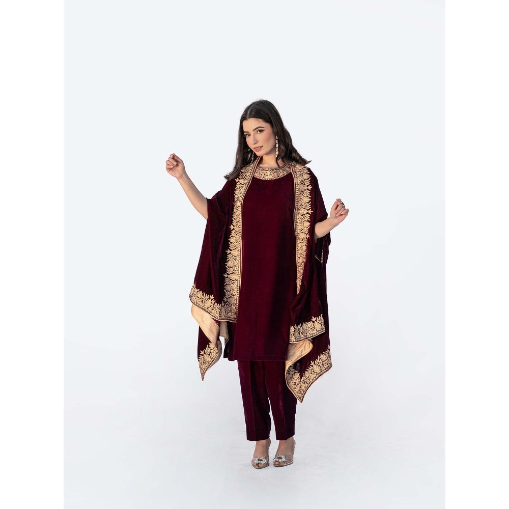 Daljit Sudan Maroon Velvet Cape with Kurta and Pant (Set of 3)