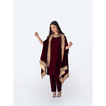 Daljit Sudan Maroon Velvet Cape with Kurta and Pant (Set of 3)