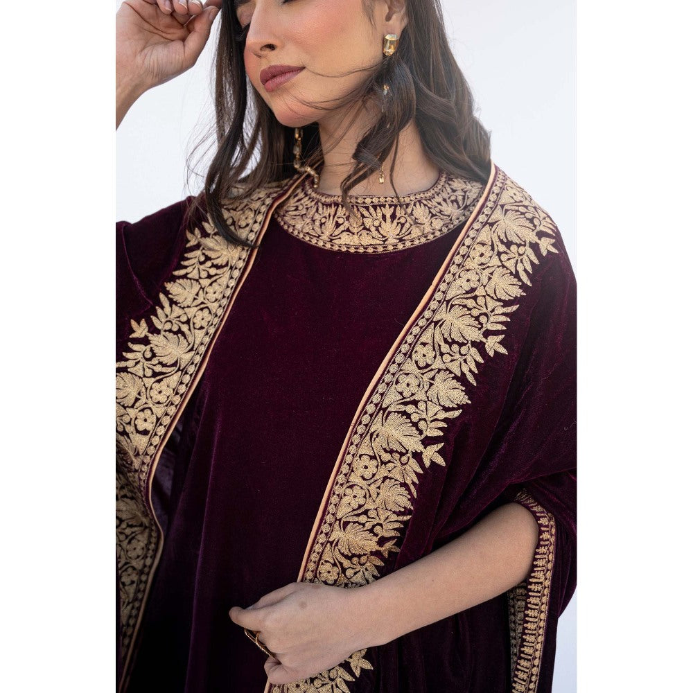 Daljit Sudan Maroon Velvet Cape with Kurta and Pant (Set of 3)
