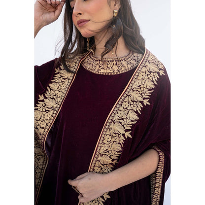 Daljit Sudan Maroon Velvet Cape with Kurta and Pant (Set of 3)