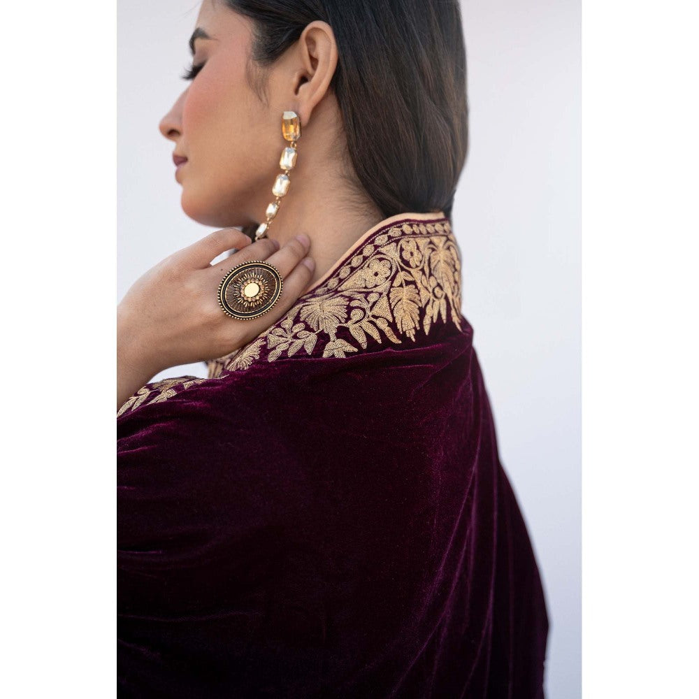 Daljit Sudan Maroon Velvet Cape with Kurta and Pant (Set of 3)