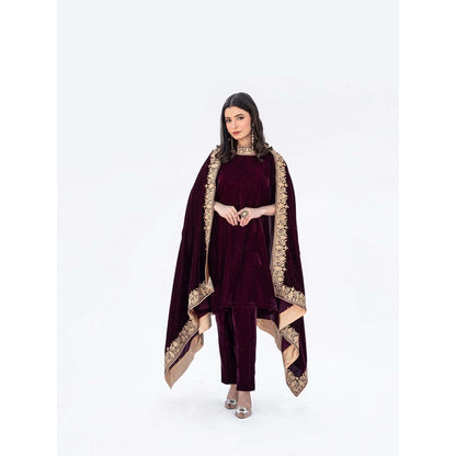 Daljit Sudan Maroon Velvet Cape with Kurta and Pant (Set of 3)