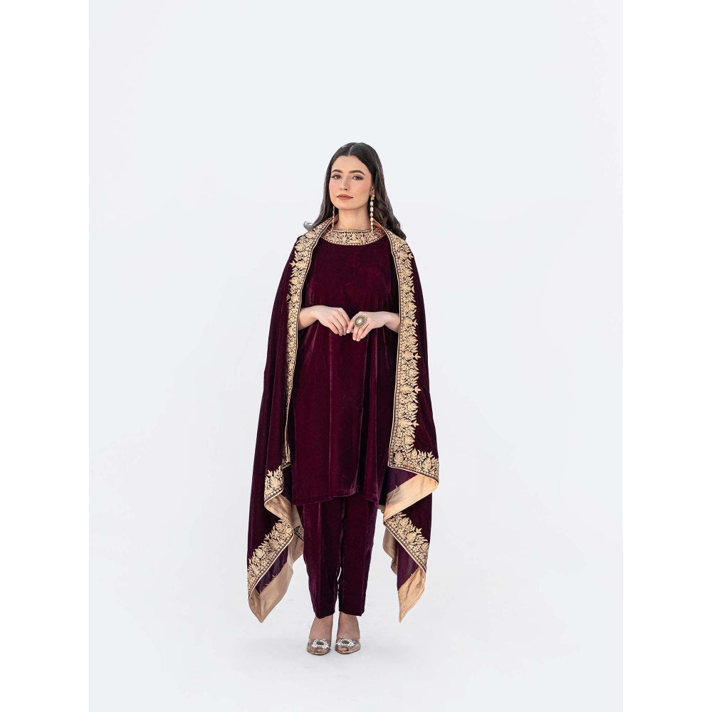 Daljit Sudan Maroon Velvet Cape with Kurta and Pant (Set of 3)