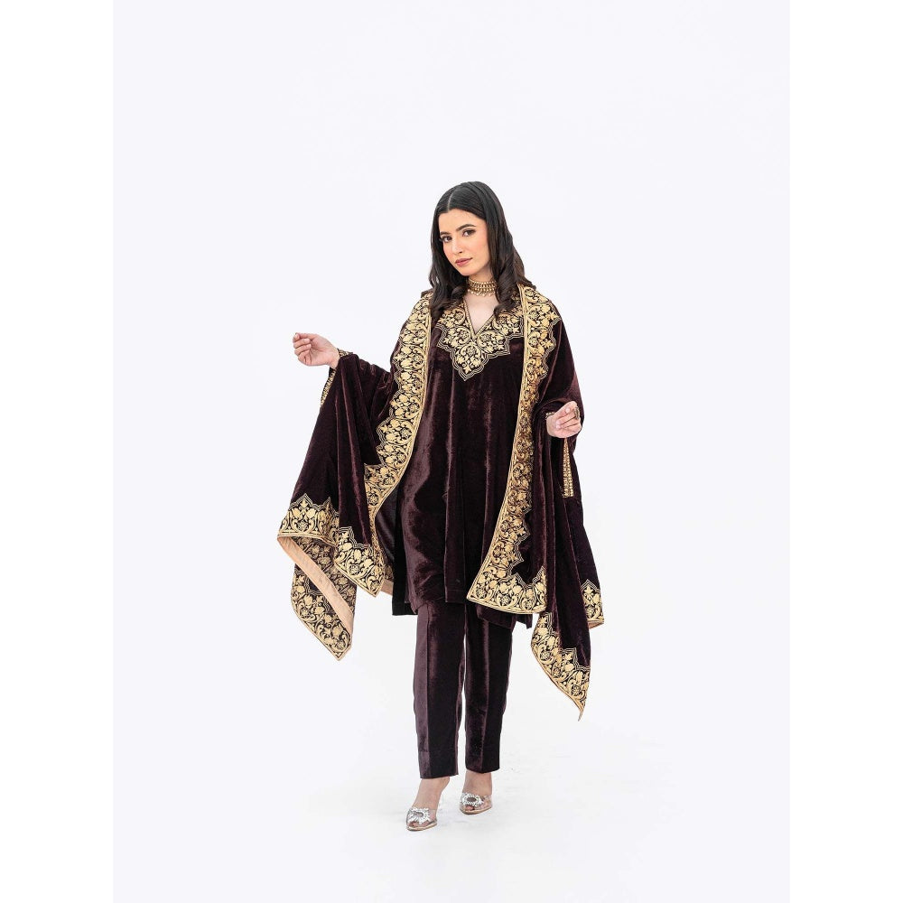Daljit Sudan Burgundy Velvet Minar Cape with Kurta and Pant (Set of 3)