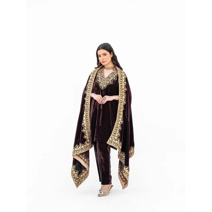 Daljit Sudan Burgundy Velvet Minar Cape with Kurta and Pant (Set of 3)