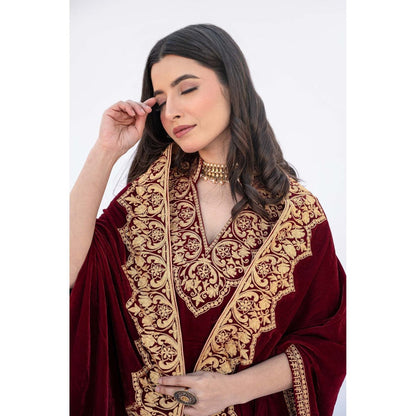 Daljit Sudan Maroon Velvet Minar Cape with Kurta and Pant (Set of 3)