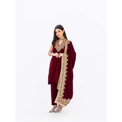 Daljit Sudan Maroon Velvet Minar Cape with Kurta and Pant (Set of 3)