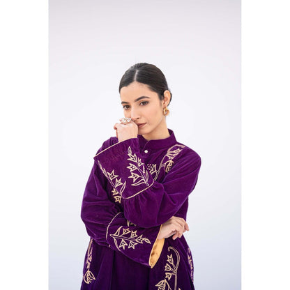 Daljit Sudan Purple Velvet Phiran Kurta with Salwar (Set of 2)