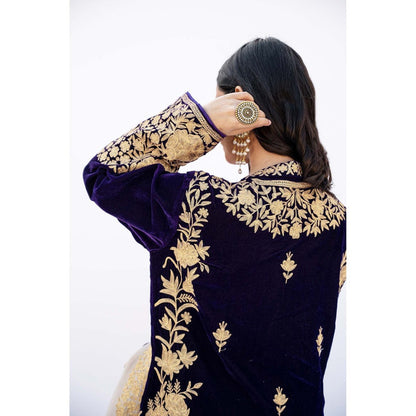 Daljit Sudan Dark Purple Velvet Aari Heavy Kurta with Churidar and Dupatta (Set of 3)