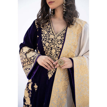 Daljit Sudan Dark Purple Velvet Aari Heavy Kurta with Churidar and Dupatta (Set of 3)