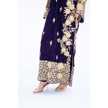 Daljit Sudan Dark Purple Velvet Aari Heavy Kurta with Churidar and Dupatta (Set of 3)