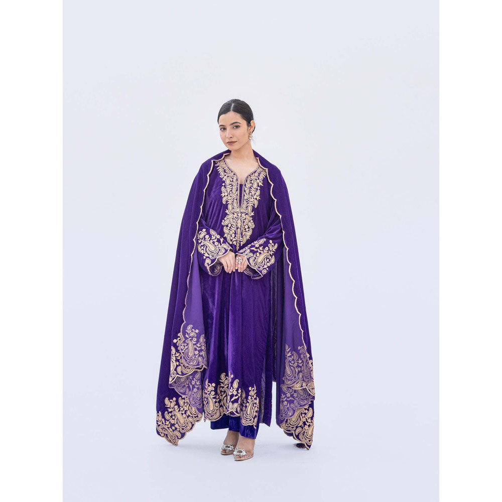Daljit Sudan Purple Velvet Aari Kurta with Pant and Dupatta (Set of 3)