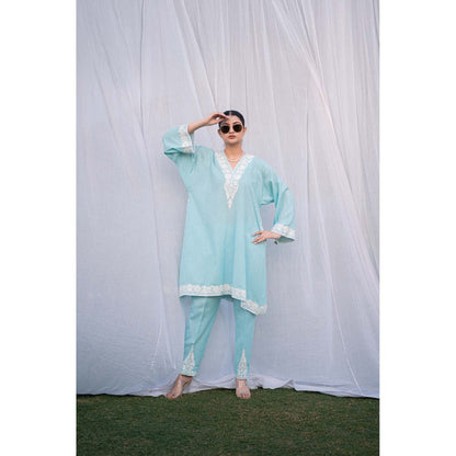Daljit Sudan Sky Blue Cotton Phiran Co-Ord (Set of 2)