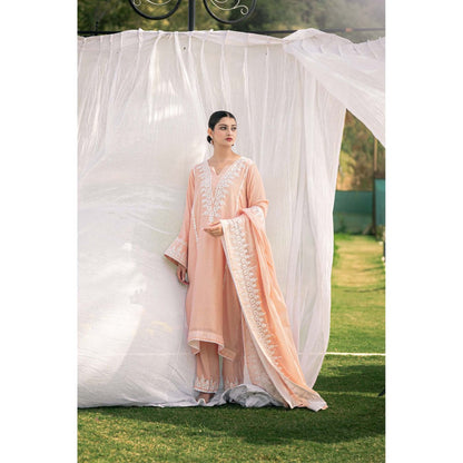 Daljit Sudan Light Peach Muslin Kurta with Pant and Dupatta (Set of 3)