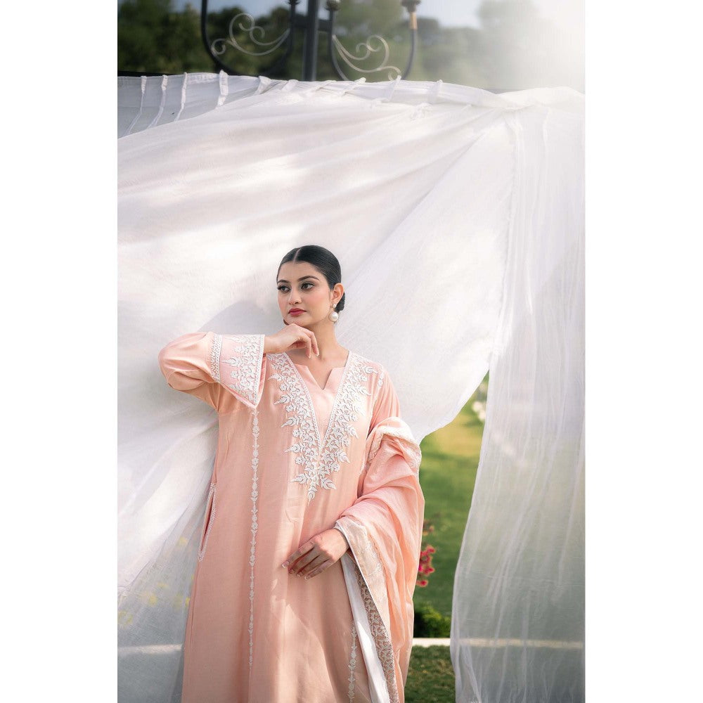 Daljit Sudan Light Peach Muslin Kurta with Pant and Dupatta (Set of 3)