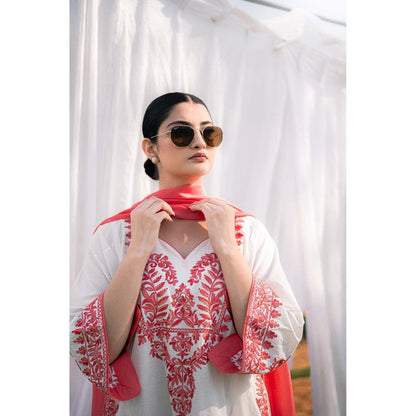 Daljit Sudan Off White Cotton Kurta with Pant and Dupatta (Set of 3)