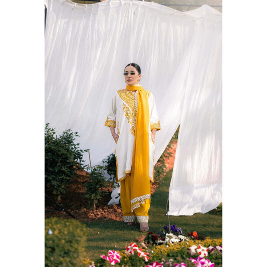 Daljit Sudan Mustard Cotton Kurta with Pant and Dupatta (Set of 3)