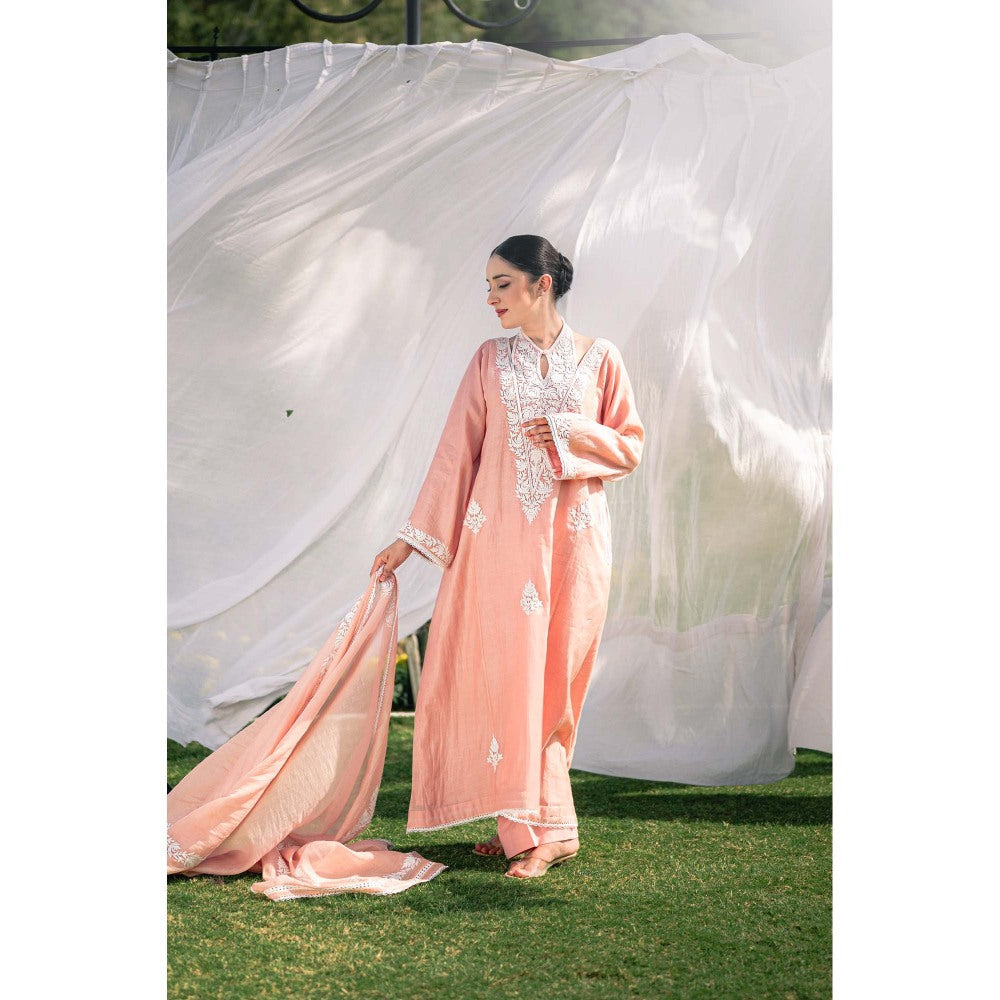 Daljit Sudan Pastel Pink Silk Chanderi Kurta with Pant and Dupatta (Set of 3)