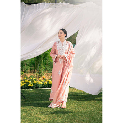 Daljit Sudan Pastel Pink Silk Chanderi Kurta with Pant and Dupatta (Set of 3)