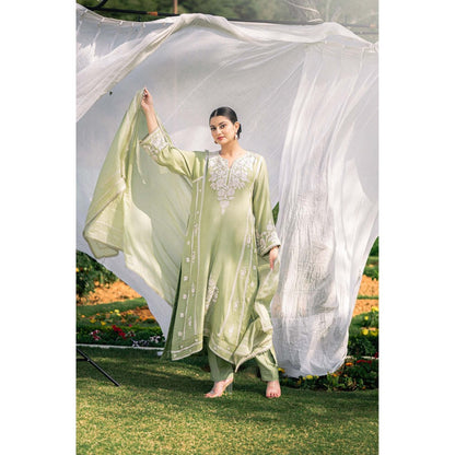 Daljit Sudan Mint Green Muslin Kurta with Pant and Dupatta (Set of 3)