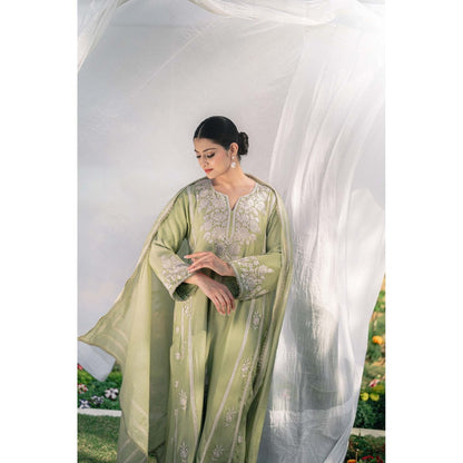 Daljit Sudan Mint Green Muslin Kurta with Pant and Dupatta (Set of 3)