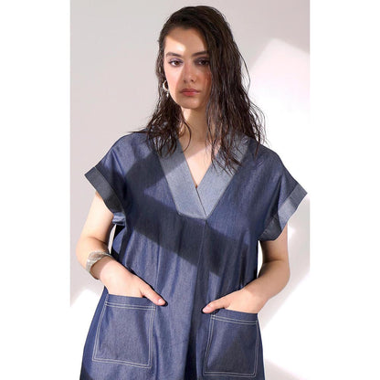 DARLYTTE Women Denim V-Neck Miro Dress