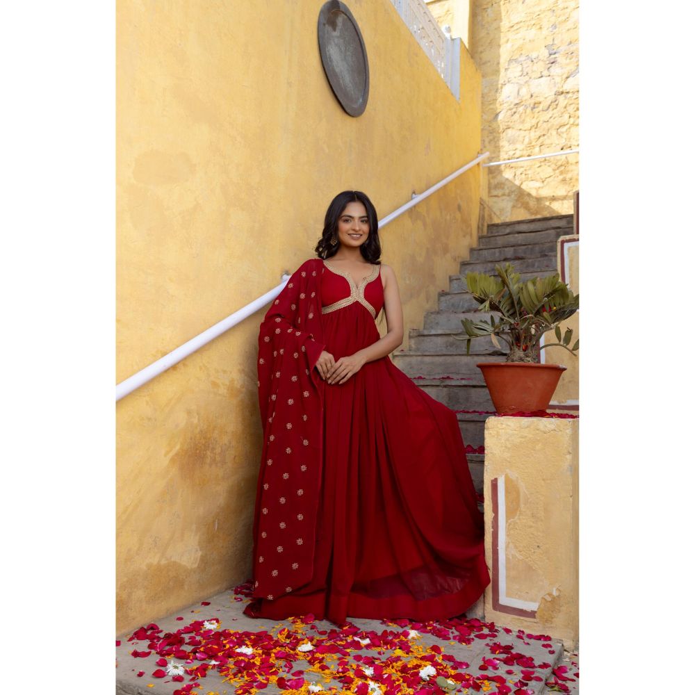 DEASHA INDIA Barkha Red Anarkali with Pant and Dupatta (Set of 3)