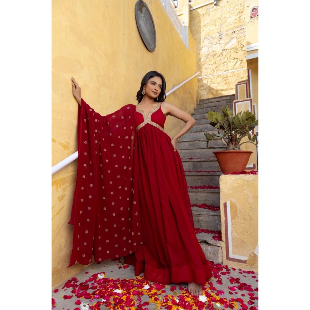 DEASHA INDIA Barkha Red Anarkali with Pant and Dupatta (Set of 3)