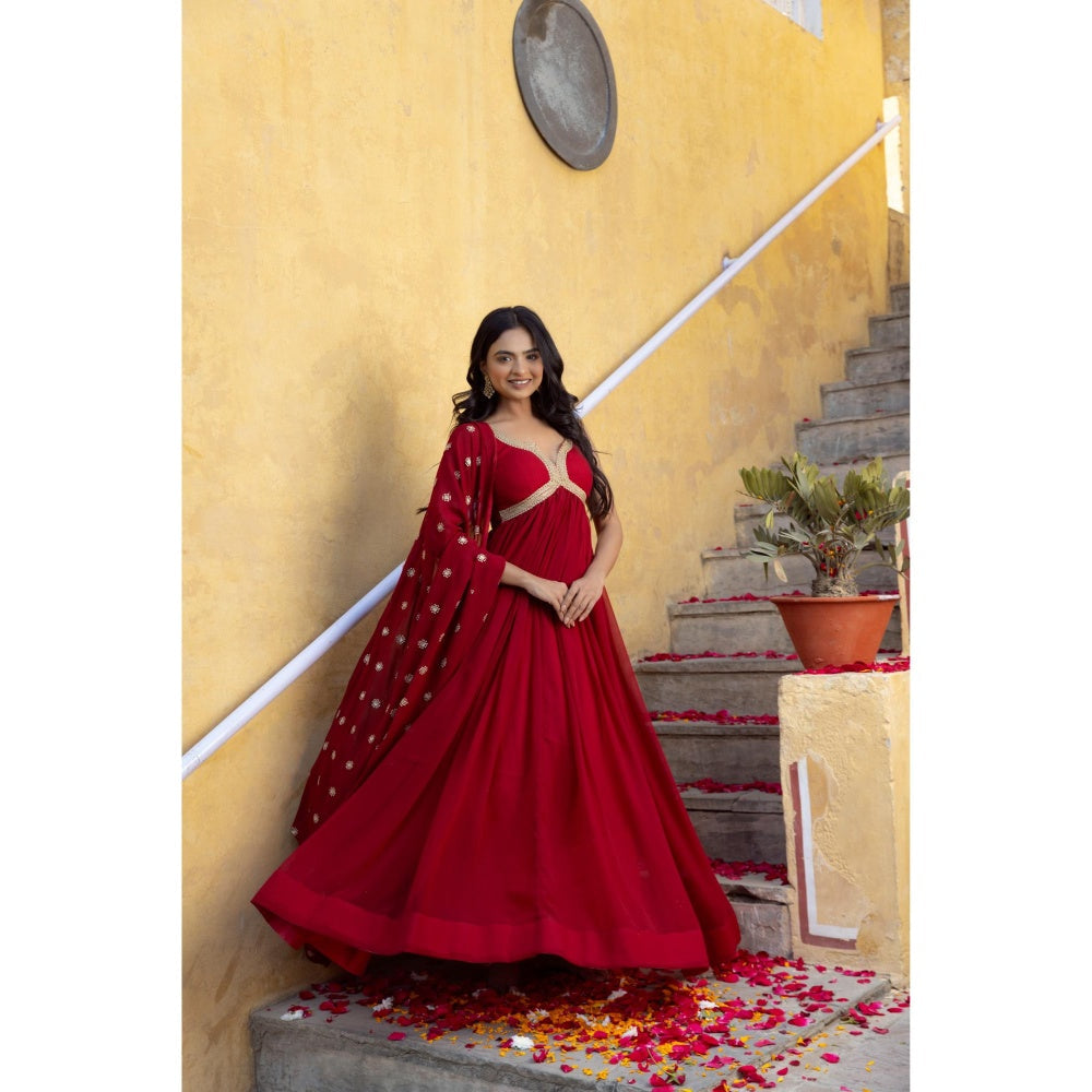 DEASHA INDIA Barkha Red Anarkali with Pant and Dupatta (Set of 3)