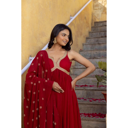 DEASHA INDIA Barkha Red Anarkali with Pant and Dupatta (Set of 3)