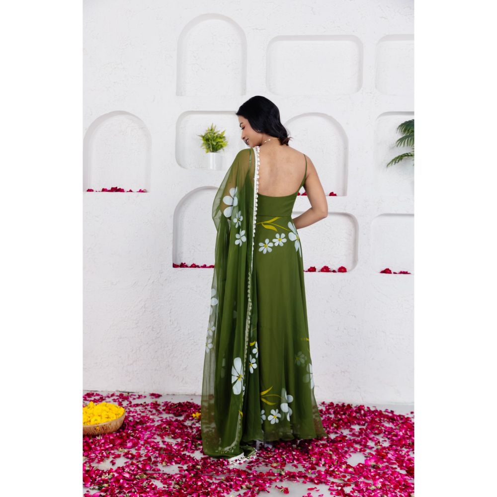 DEASHA INDIA Reva Green Handpainted Anarkali with Pant and Dupatta (Set of 3)