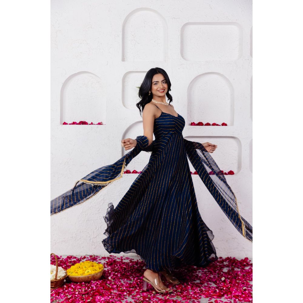 DEASHA INDIA Keya Midnight Blue Leheriya Anarkali with Pant and Dupatta (Set of 3)