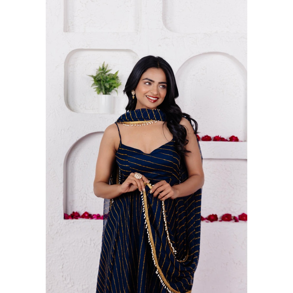 DEASHA INDIA Keya Midnight Blue Leheriya Anarkali with Pant and Dupatta (Set of 3)