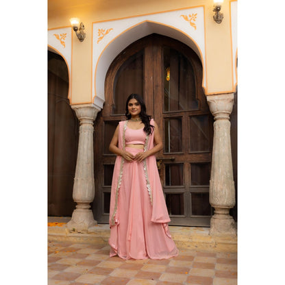 DEASHA INDIA Raina Salmon Pink Shrug with Blouse and Lehenga (Set of 3)