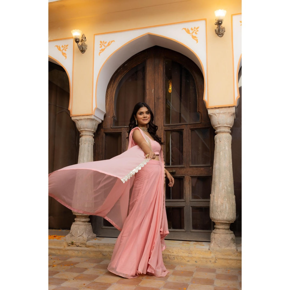 DEASHA INDIA Raina Salmon Pink Shrug with Blouse and Lehenga (Set of 3)