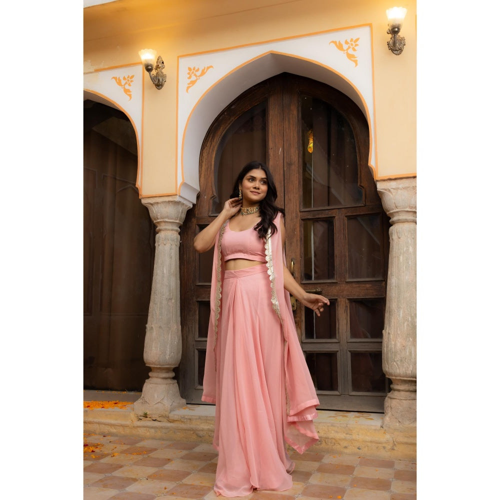 DEASHA INDIA Raina Salmon Pink Shrug with Blouse and Lehenga (Set of 3)