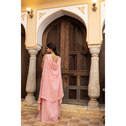 DEASHA INDIA Raina Salmon Pink Shrug with Blouse and Lehenga (Set of 3)