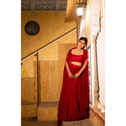 DEASHA INDIA Mira Maroon Detailed Lehenga with Blouse and Cape (Set of 3)