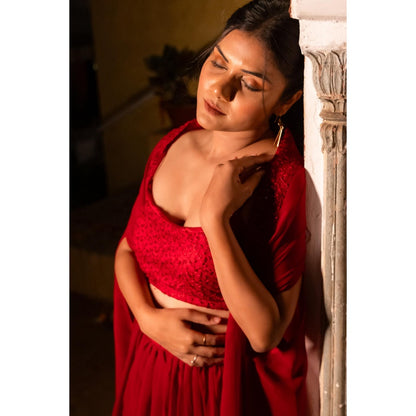 DEASHA INDIA Mira Maroon Detailed Lehenga with Blouse and Cape (Set of 3)