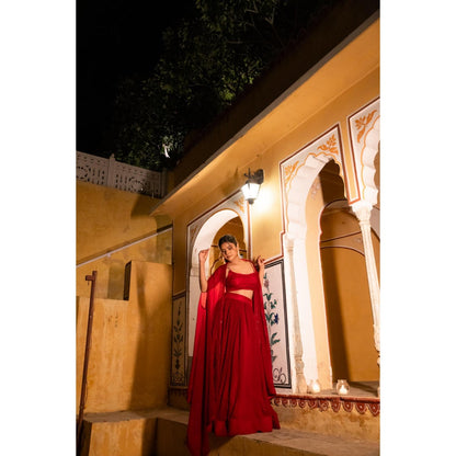 DEASHA INDIA Mira Maroon Detailed Lehenga with Blouse and Cape (Set of 3)
