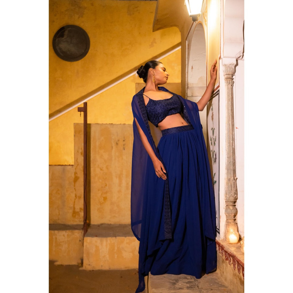 DEASHA INDIA Dia Navy Blue Detailed Lehenga with Blouse and Cape (Set of 3)