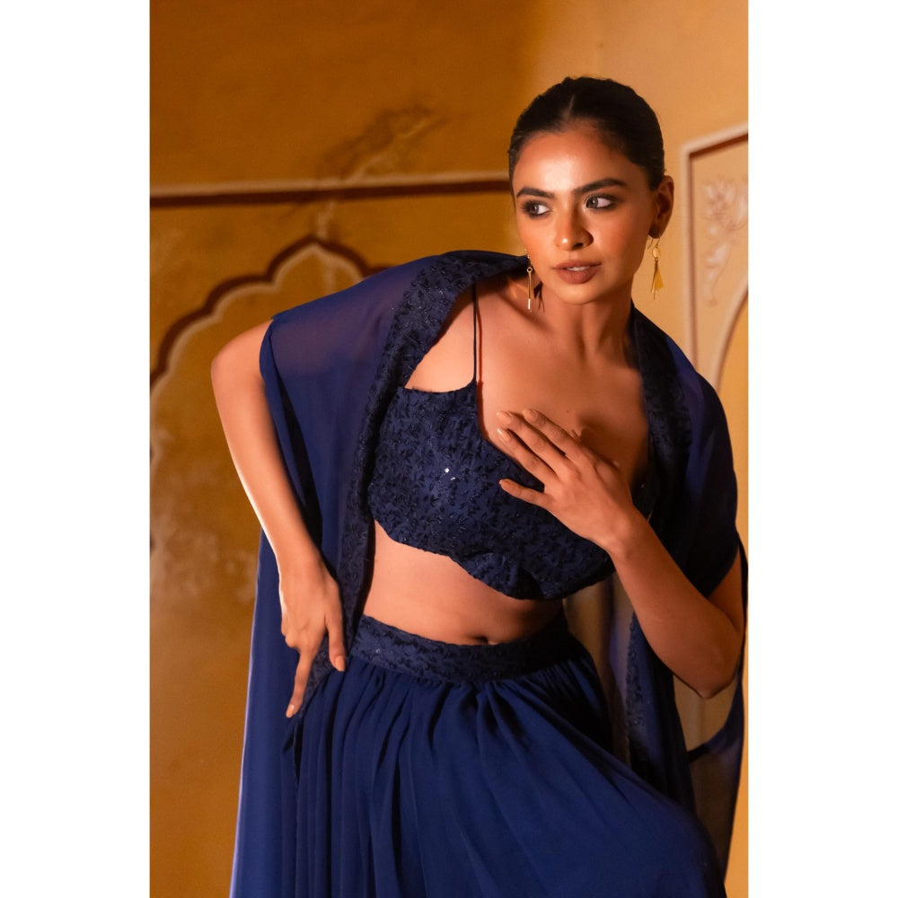 DEASHA INDIA Dia Navy Blue Detailed Lehenga with Blouse and Cape (Set of 3)